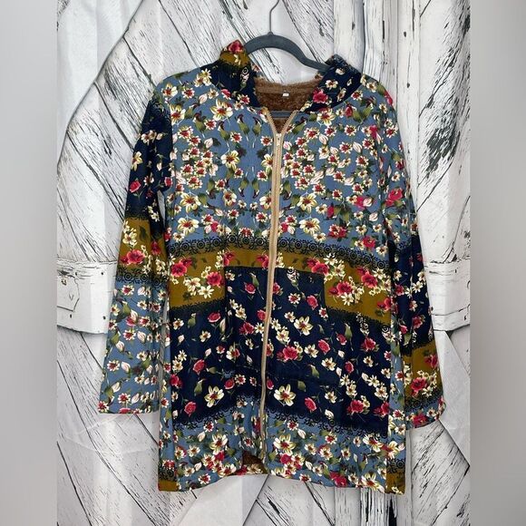Cellabie Floral Hooded Coat Canvas Fuzzy Lining Front Pockets M - Picture 1 of 5
